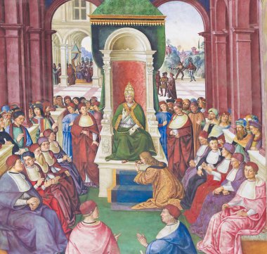 Siena Katedrali 'ndeki Piccolomini Kütüphanesi' ndeki Fresco, Enea Silvio Piccolomini 'nin Papa IV. Eugene' e boyun eğdiğini resmetmiştir.