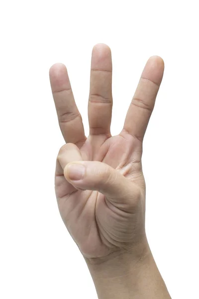 Hand hält drei Finger auf einem weißen — Stockfoto