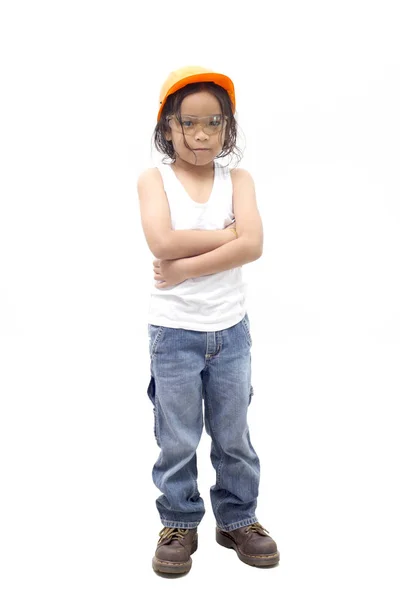 Asian boy orange safety helmet isolated on white — Stock Photo, Image