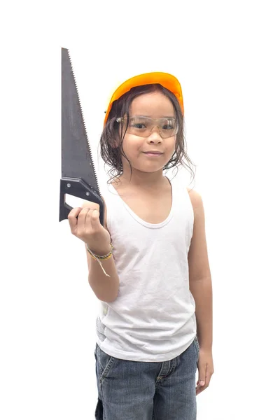 Menino asiático com ferramentas - isolado em branco — Fotografia de Stock