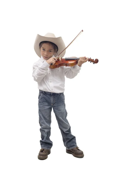 Young boy wear cowboy hat playing violin isolated on white background — Stock Photo, Image