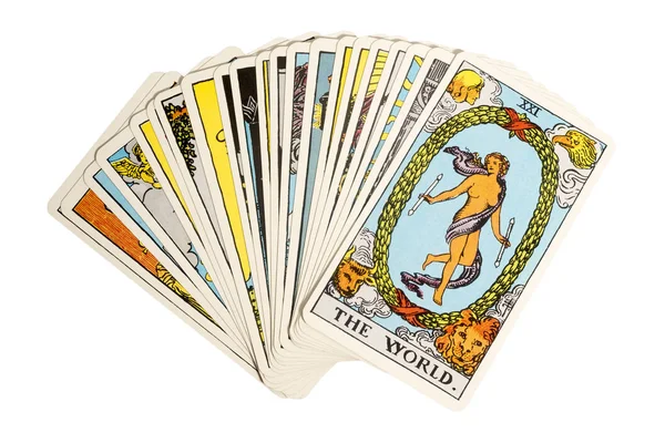 Deck de cartas de Tarot em fundo branco — Fotografia de Stock