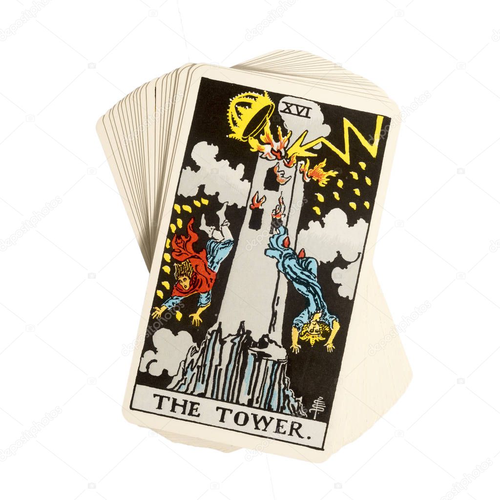 Deck of Tarot cards on white background ; THE TOWER.
