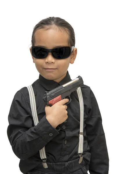 Joven asiático chico con pistola aislar en blanco fondo . — Foto de Stock