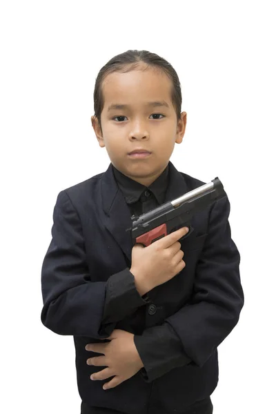 Joven asiático chico con pistola aislar en blanco fondo . — Foto de Stock