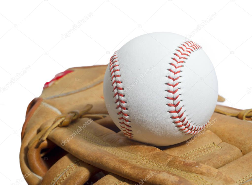 Old worn leather baseball glove and used ball on a white background