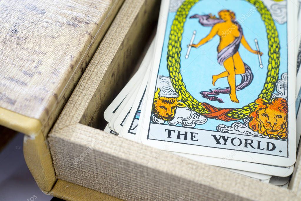 Deck of Tarot cards ; THE WORLD.