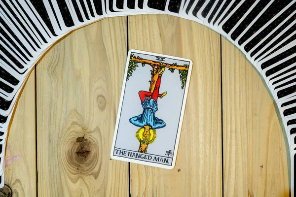 Deck of Tarot cards ; THE HANGED MAN . — Stock Photo, Image