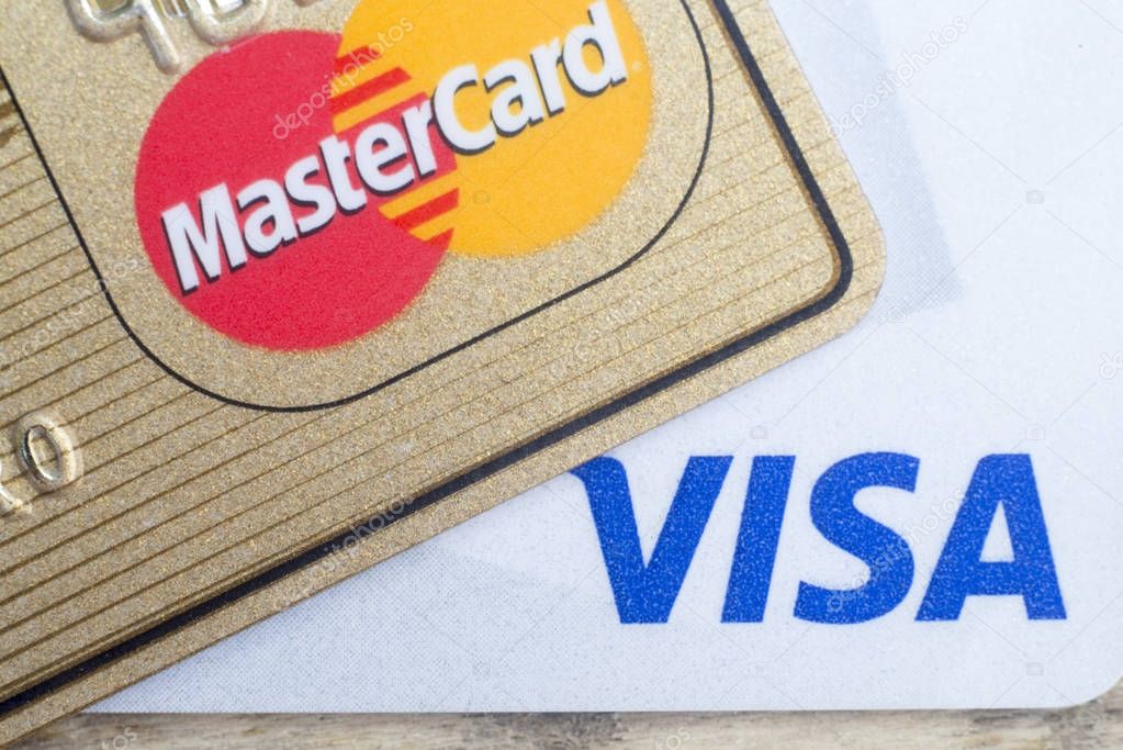 Chainat Province, Thailand, January 15, 2018. Close up of VISA and MASTER credit card