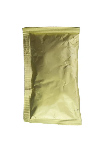 Nahaufnahme Von Goldenen Aluminiumtaschen Auf Weißem Hintergrund — Stockfoto