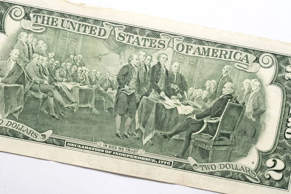 Bir Iki Dolarlık Banknot Arkasından Çizim Bağımsızlık Bildirgesi — Stok fotoğraf