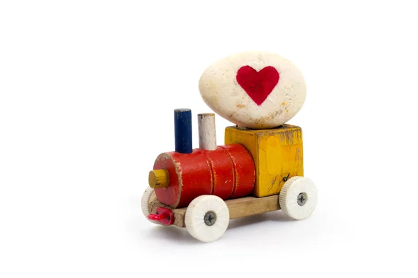 Toy Train Hold Heart Stone Love Valentine Day Concept — Stock Photo, Image