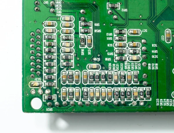 Placa Circuito Primer Plano Con Componentes Electrónicos — Foto de Stock