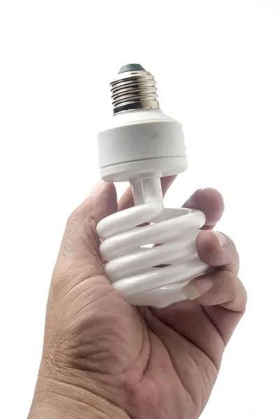 Hand Hält Energiesparlampe Auf Weißem Hintergrund — Stockfoto