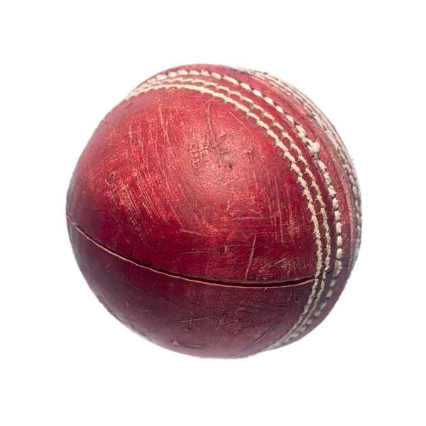 Vecchia Palla Cricket Pelle Rossa Isolata Uno Sfondo Bianco — Foto Stock