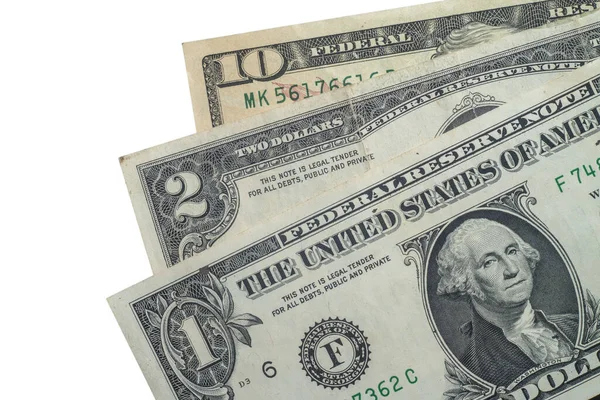 Zbliżenie Jednego Dolara Dwa Dolary Dziesięć Dolarów — Zdjęcie stockowe