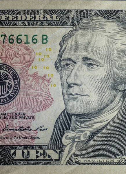 2020年8月29日 泰国亚拉省 10美元钞票特写宏观 亚历山大汉密尔顿肖像 美国货币 10个Usd — 图库照片