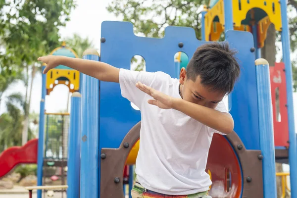 Asian Boy Throwing Dab Move Playground — Stock Photo, Image
