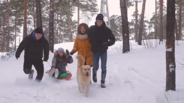 Kışın bir köpekle yürümek. Gençlerden oluşan bir grup boruya gidiyor.
