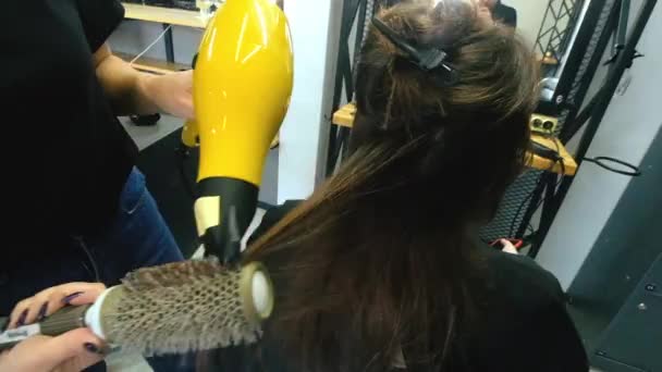 Косметолог висушує жіноче волосся після того, як дає нову зачіску в салоні — стокове відео