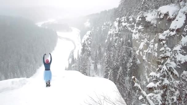 Etekli bir kız kayalara bakar. Kış — Stok video
