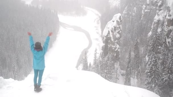 少女は岩を見ている。冬のハイキング — ストック動画