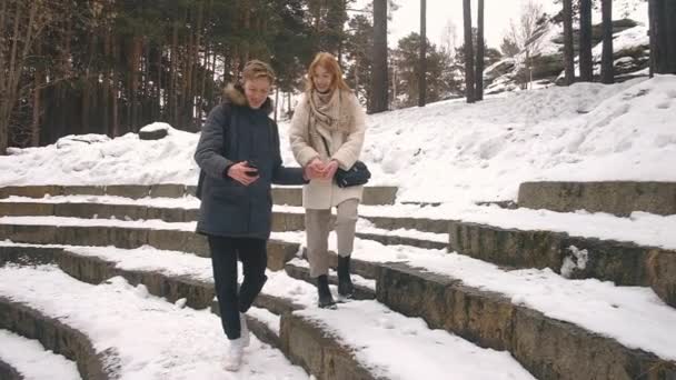 Portrait of happy smiling young couple hugging while walking in snowy winter park . — ストック動画