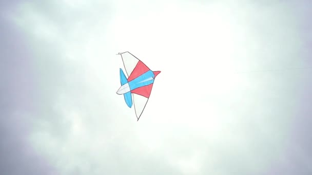 A colored kite with an emoji hangs in the air against a blue sky on a sunny summer day at a city kite festival. kite sways in the wind. Childrens — Stock Video