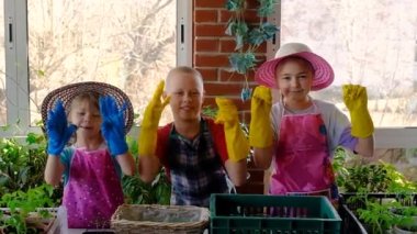Verandada çok renkli koruyucu eldivenler giymiş üç bahçıvan çocuk. Gençler dalış bitkileri. 8 ve 5 yaşlarında bir kız ve 10 yaşında bir oğlan. Ülkede üzücü bir iş.