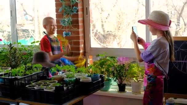 Drie kindertuiniers maken een foto op een smartphone op de veranda. Tieners duiken planten. Een meisje van 8 en 5 jaar en een jongen van 10 jaar oud. Droevig werk in het land — Stockvideo