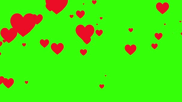 Animación Loopable se mueve hacia arriba rosa como iconos del corazón sobre un fondo verde . — Vídeo de stock