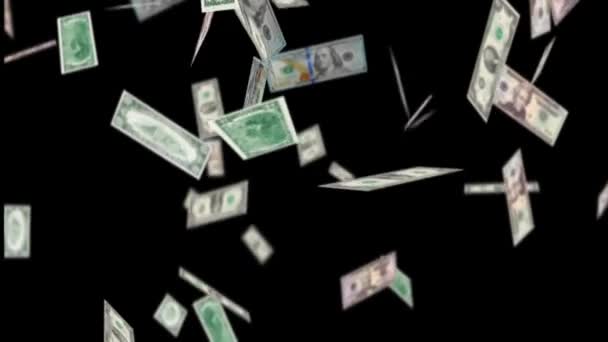 Animación de dinero. Lluvia de animación de negocios lluvia de 5,10,50,100 billetes de dólar — Vídeos de Stock