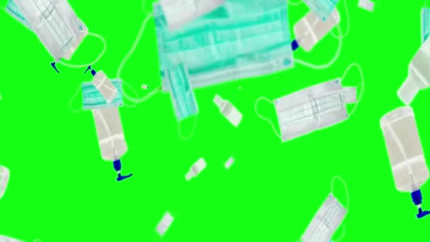 Animación de una máscara médica, una protección contra el virus gel desinfectante. Nuevo Coronavirus 2019-nKoV. Movimiento, generación, rotación de los equipos de protección sobre un fondo verde — Vídeo de stock