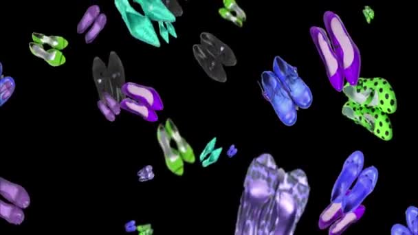 Animation av många snurrande kvinnors skor på en svart bakgrund — Stockvideo