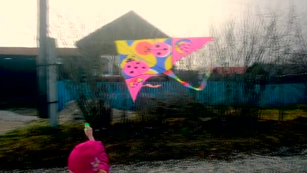 Little cute girl with a kite at the cottage. Running along the road among the houses. Carefree fun childhood — Stock Video