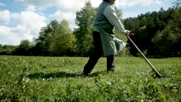 Homme fort 60-65 ans avec une faux fauche herbe verte sur le terrain . — Video