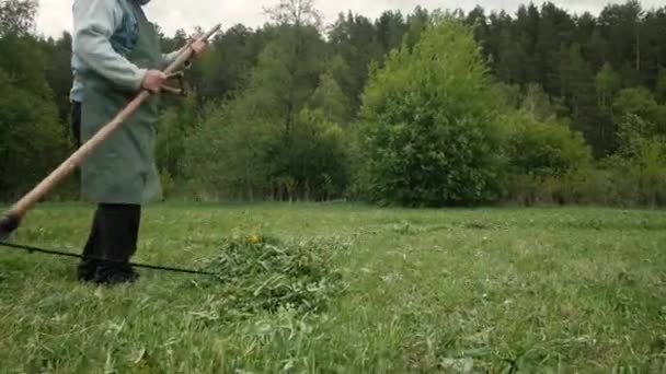 Erős férfi 60-65 éves, kaszás kaszával zöld fű a pályán. — Stock videók