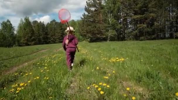Na zielonym trawniku dmuchawca biegnie dziewczynka w wieku 6 lat z — Wideo stockowe