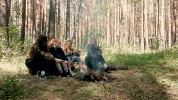 As raparigas sentam-se junto ao fogo na floresta. Toca guitarra numa caminhada. Estilo de vida ativo na natureza. Viagem de verão. Conceito de amizade e lazer. Fogueira na floresta em torno do fogo — Vídeo de Stock