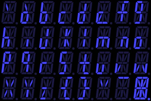แบบอักษรดิจิตอลจากตัวอักษรเล็ก ๆ บนจอแสดงผล LED ตัวเลขสีฟ้า — ภาพถ่ายสต็อก
