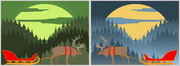El trineo de Santa con ciervos del norte. Laponia. Bosque de invierno paisaje — Archivo Imágenes Vectoriales