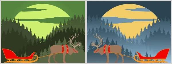 Santa's szán a szarvas Észak. Lapland. Téli erdős táj — Stock Vector