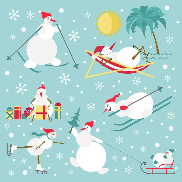 Snowman characters icon set. Flat design — Stock Vector