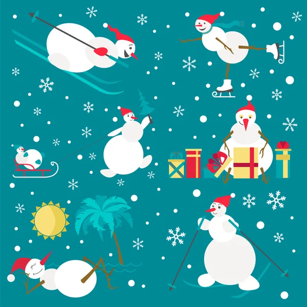 Snowman characters icon set. Flat design — Stock Vector