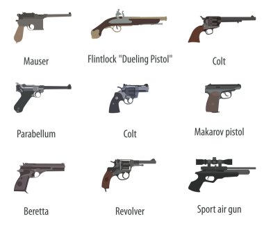 Firearm set. Guns, pistols, revolvers. Flat design clipart