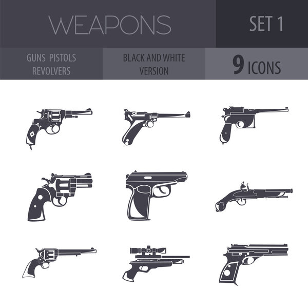 Firearm set. Guns, pistols, revolvers. Flat design