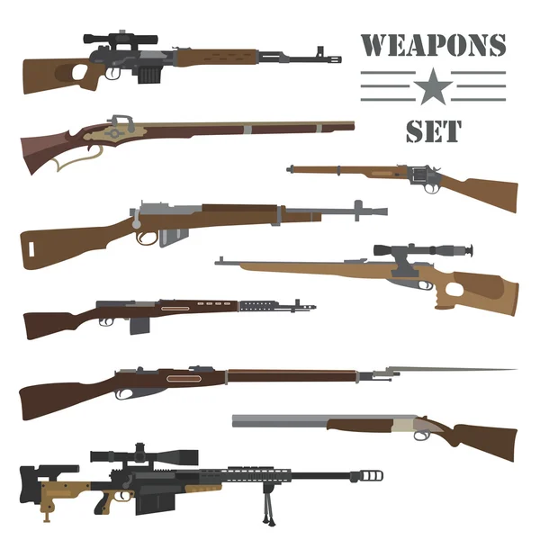 Ateşli silah kümesi. Silah, tüfek, karabina. Düz tasarım — Stok Vektör