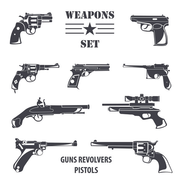 Firearm set. Guns, pistols, revolvers. Flat design