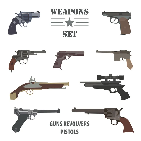 Ateşli silah kümesi. Tüfek, tabanca, tabanca. Düz tasarım — Stok Vektör