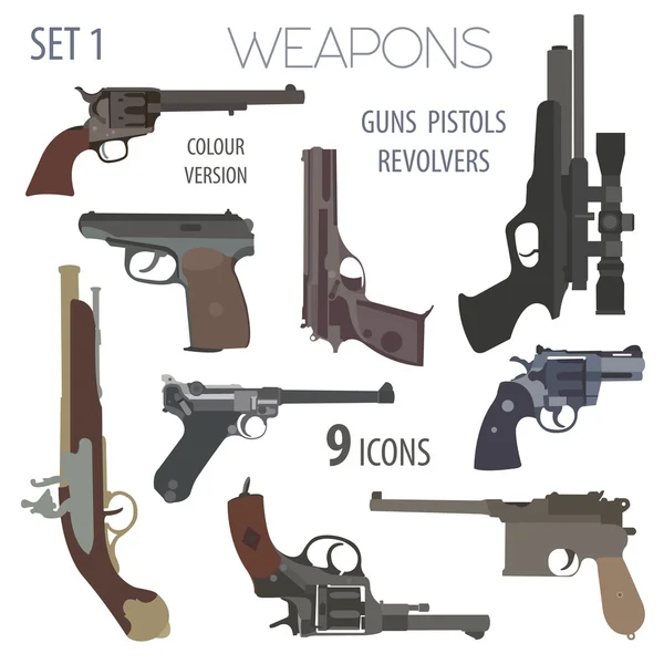 Ateşli silah kümesi. Tüfek, tabanca, tabanca. Düz tasarım — Stok Vektör